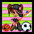 Pixel art of a character with brown pigtails holding an orange and white object, standing next to basketballs on striped background.