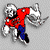 Pixelated figure in red top and blue pants holding a large silver axe, standing against a gray checkered background.