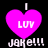 Four identical pixelated pink heart icons with white text "LUV" and "jake!!!" on black background, arranged in two