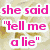 Six distinct display text phrases with varied backgrounds and typography, including "she said 'tell me a lie'", "he said", "you're beautiful", "said tell me another lie", "he said", and "'i love YOU'"