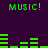 Green pixelated text and audio waveforms on a dark purple background, with 'MUSIC!' repeated four times.