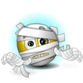 A mummy-wrapped character with yellow and white segments, black eyes, and white bandages, holding a small white object, surrounded by a glowing circular aura that shifts between blue, green, and yellow hues.