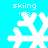 Four identical pixelated snowflake icons with 'skiing '03' text above each, displayed on a bright cyan background in a
