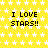 Yellow background with white star pattern and repeated black text "I LOVE STARS!!" in pixelated font.