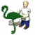 Animated sequence of a bald man in white shirt and blue pants holding a green topiary flamingo, with the bird's neck bending left to right across frames.