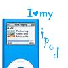Blue iPod nano with white click wheel, screen showing music player interface, text "I ❤️ my ipod" in blue pixelated font above and to the right.