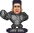 Pixelated character with dark hair and sunglasses flexing muscles in two poses against gray background.