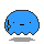 Two static pixel art frames of a blue rounded character with black facial features and gray shadows on a light gray background.