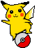 Yellow cartoon character with red cheek circles and black-tipped ears stands on a red-and-white spherical object against gray background.