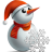 Pixelated snowman wearing red Santa hat and red scarf, holding white snowflake, gray background.