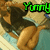 Pixelated image of a character with dark hair and light skin, wearing a blue top, holding food near their mouth with text reading 'Yummy' above and 'Thighs?' below.