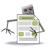 Pixelated robot with red eye holding a document with green and gray sections, standing on gray background.