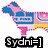 Pixelated cartoon dog with blue and pink color scheme, yellow underbelly, standing on white background beneath black text reading "Sydni]".
