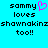 Pixelated text on cyan background with pink heart symbol replacing 'i' in 'sammy', repeated twice side-by-side.