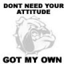 Static black-and-white buddy icon featuring bold text above and below a stylized bulldog mascot with a confident expression.