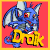 A 6-frame animated contact sheet showing a blue dragon character with red eyes and gray wings against a red background, with yellow text reading "Draik" below the character.