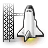 Pixelated shuttle icon with white body, black accents, and yellow exhaust against gray background.