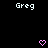 Pixelated black background with repeated white 'Greg' text and pink heart symbols in a pattern