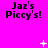 Bright pink background with repeated black text "Jaz's Piccy's!" and scattered white pixelated symbols including plus signs, crosses, dots, and small starbursts.