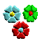 small flower-shaped icons in red, green, and light blue with yellow or light blue centers on a gray background