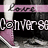 A pixelated image of a person wearing pink Converse sneakers and dark pants, with text overlays reading 'Love' and 'Converse' in white block letters.