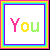colorful pixel art icons with text and a caterpillar character, each framed in rainbow borders