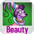 Pixelated cartoon icon of a purple dog-like character with green hair, wearing a gold necklace and blue outfit against a solid green background with the word "Beauty" in pink text below.