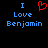 Pixelated text and a heart symbol on black background, with blue 'I Love Benjamin' text left of red heart, repeated right.