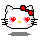 Pixel art of a white cat face with red heart-shaped eyes, pink cheeks, and a red bow on its head against a gray background.