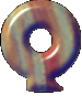 A static, glossy, donut-shaped object with a central hole and base, rendered in blended hues of orange, blue, green, and purple against a light gray background.