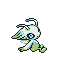 Pixelated character with white body, green limbs, and blue accents in walking animation sequence.