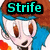 Pixelated cartoon character with brown hair and blue headband, wearing white shirt with red accents; text "Strife" above in cyan on black background.