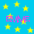 Blue background with scattered yellow stars and four instances of pink text reading 'EMME' in a pixelated style.