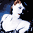 Pixelated static image of a white horse with brown accents against dark blue and black background, likely from an old digital animation or game asset.