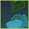 Animated sequence of a yellow cartoon character with closed eyes sitting on a blue toilet, holding a purple object while background displays green framed 'GREAT FOOD' sign.