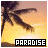 Pixelated sunset scene with palm tree silhouette and 'PARADISE' text in contrasting borders.