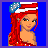 Pixelated character with red hair wearing a red, white, and blue striped hat with a blue star, red off-shoulder top, and white shorts against a blue background.