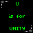 Green text and star-shaped icons on a black background, with repeated 'U' and 'UNITY' text elements arranged in a pattern