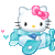Pixelated white cat with pink bow holding teal airplane, surrounded by floating hearts on gray background.
