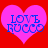 Two identical pink hearts on red background with blue text 'LOVE RUCCO' inside each heart.