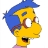 Yellow-skinned cartoon character with blue hair, brown eyebrows, and a pink collar, mouth open in a surprised expression.