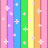 Rainbow striped background with white plus signs and pink stars on vertical stripes, transitioning to beach scenes with palm trees and turquoise water.