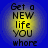 Four identical circular icons with blue backgrounds and yellow gradients display the text "Get a NEW life YOU where" in black pixelated font.