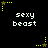 Black background with repeated white text 'sexy beast' and yellow star-shaped pixel art elements in various positions.