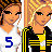 Pixel art of two female figures in black and yellow striped jackets with pink accents, one wearing a white shirt with blue number 5, below text reading 'katey n emma' and 'bffl n sfl'.