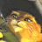 Animated contact sheet of a cartoon cat character from Shrek 2 in three frames showing different expressions and poses with a black hat, orange fur, green eyes, and yellow background elements.