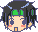 Pixel art character head with black hair, green eyes, and peach cheeks in five distinct expressions across a