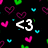 <3 symbol surrounded by pixelated hearts on black background, with pink cyan and green heart shapes scattered throughout.