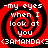 my eyes when I look at you (BAMBA) text in white pixelated font on red and black spiral background, repeated four times in a