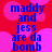 Blue text on red background with pink circles reads "maddy and jess are da bomb" in a pixelated style.
